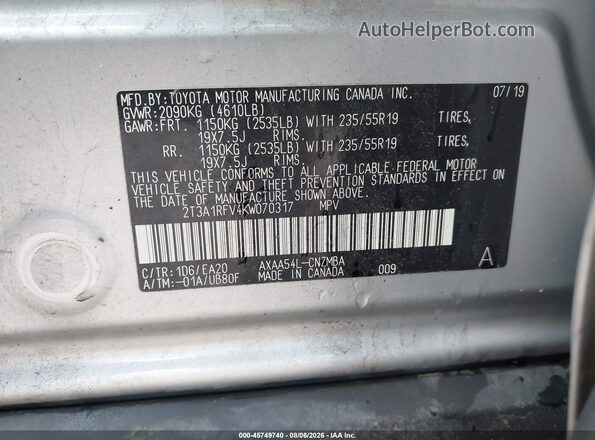 2T3A1RFV4KW070317 2019 TOYOTA RAV4 Silver Вид підкапотного простору