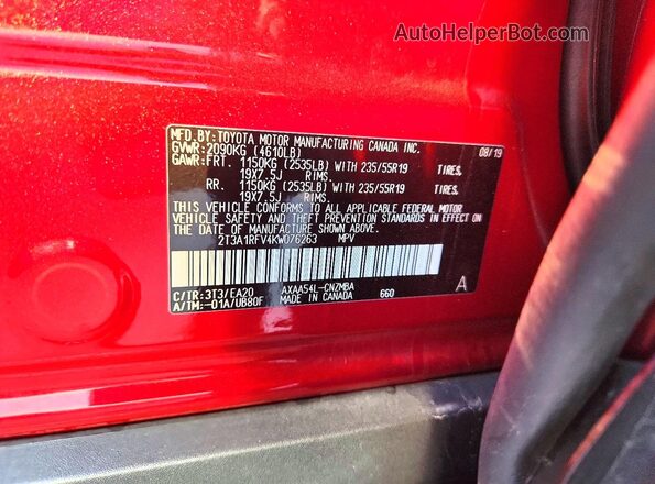 2T3A1RFV4KW076263 2019 TOYOTA RAV4 Red Панорамний вид салону 360°
