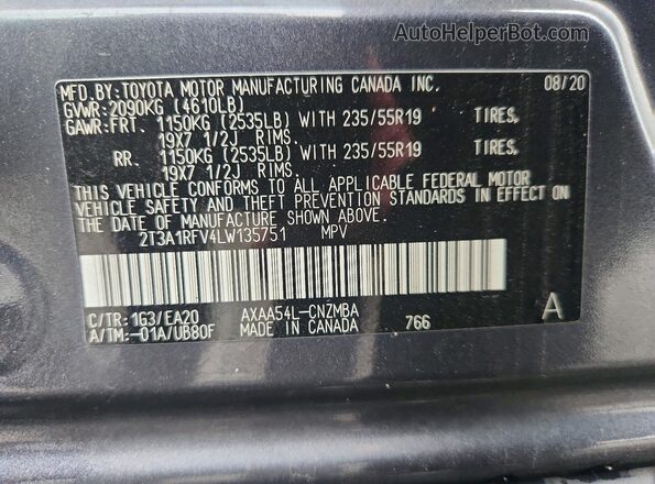 2T3A1RFV4LW135751 2020 TOYOTA RAV4 Gray Սալոնի 360 աստիճան տեսք
