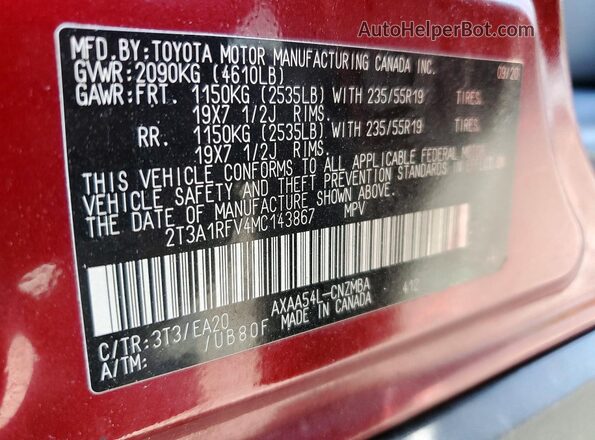 2T3A1RFV4MC143867 2021 TOYOTA RAV4 Burgundy Vista de la etiqueta del VIN