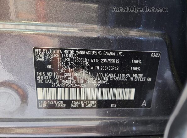 2T3A1RFV5PC344326 2023 TOYOTA RAV4 Gray Vista de la etiqueta del VIN