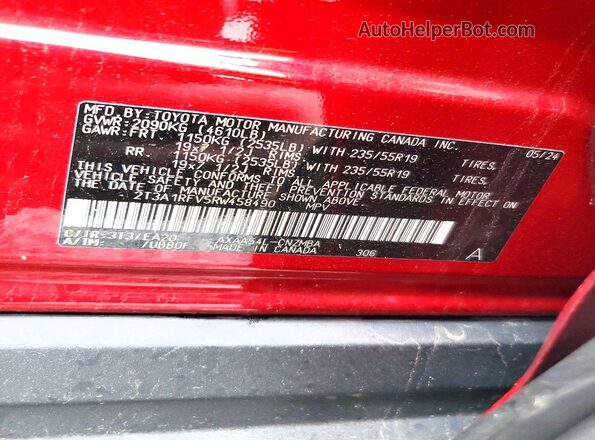 2T3A1RFV5RW458490 2024 TOYOTA RAV4 Красный Вид наклейки с VIN-кодом