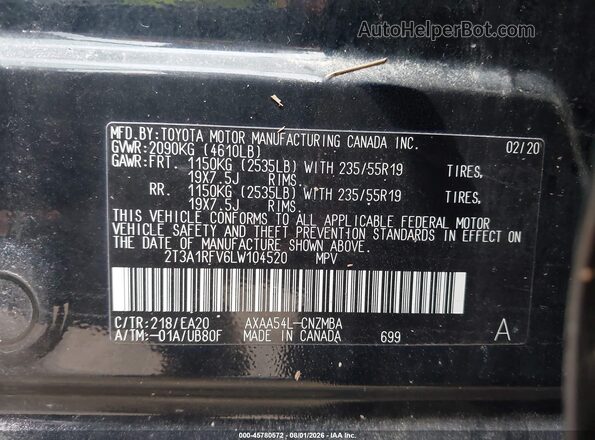 2T3A1RFV6LW104520 2020 TOYOTA RAV4 Black Շարժիչի բաժամունքի տեսք