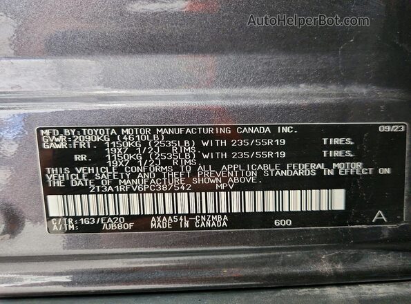 2T3A1RFV6PC387542 2023 TOYOTA RAV4 Gray VIN sticker view