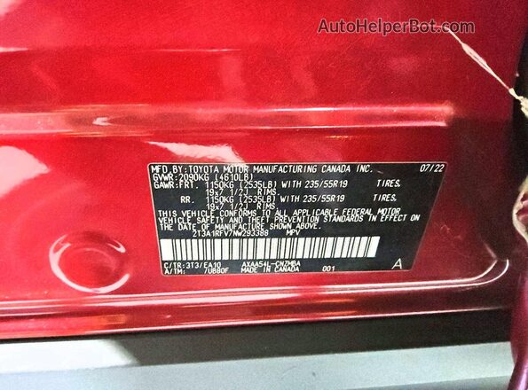2T3A1RFV7NW293388 2022 TOYOTA RAV4 Burgundy VIN sticker view