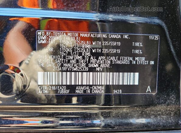 2T3A1RFV7SW625339 2025 TOYOTA RAV4 Black Вид наклейки з VIN-кодом