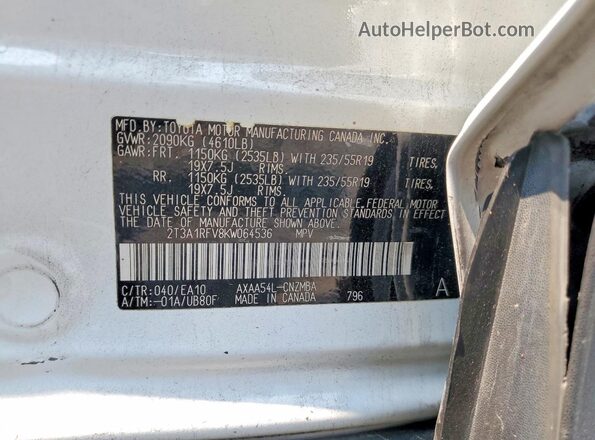 2T3A1RFV8KW064536 2019 TOYOTA RAV4 White Вид наклейки з VIN-кодом