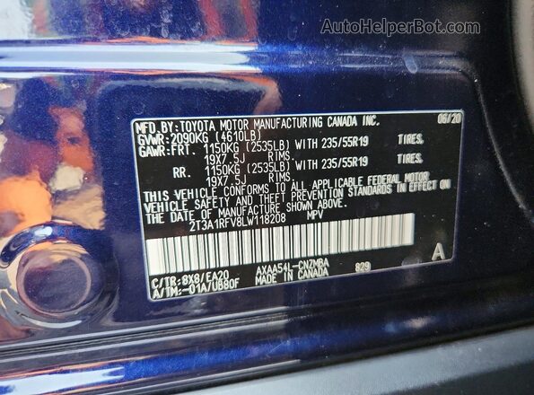 2T3A1RFV8LW118208 2020 TOYOTA RAV4 Blue Вид наклейки з VIN-кодом