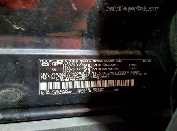 2T3A1RFV9LW106858 2020 TOYOTA RAV4 Black VIN კოდის სტიკერის ხედი