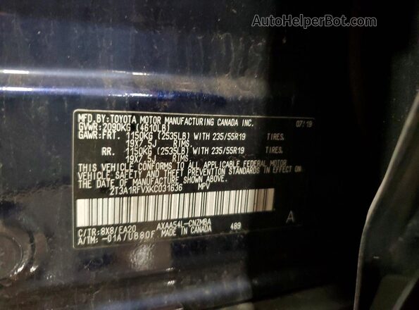 2T3A1RFVXKC031636 2019 TOYOTA RAV4 Blue Панорамний вид салону 360°