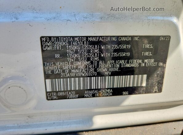 2T3A1RFVXPW369270 2023 TOYOTA RAV4 White VIN sticker view