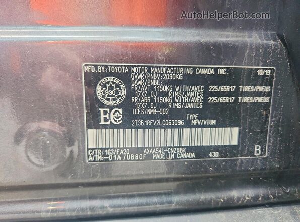 2T3B1RFV2LC063096 2020 TOYOTA RAV4 Gray VIN sticker view