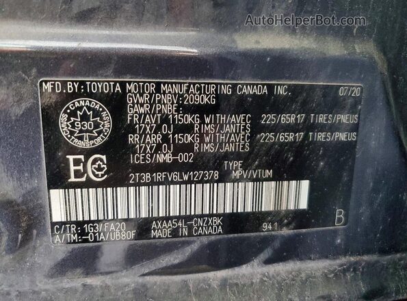 2T3B1RFV6LW127378 2020 TOYOTA RAV4 Gray 360 interior view