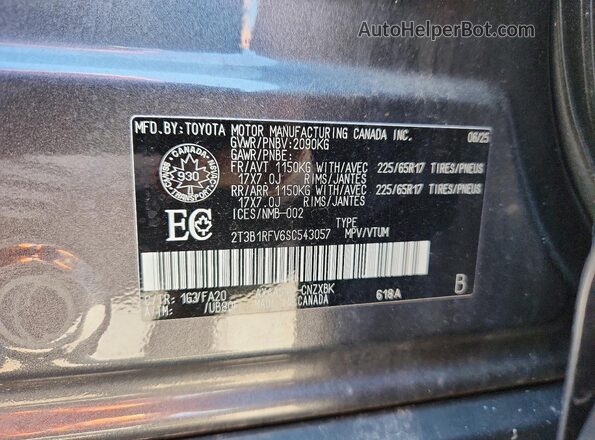 2T3B1RFV6SC543057 2025 TOYOTA RAV4 Gray Widok naklejki z numerem VIN