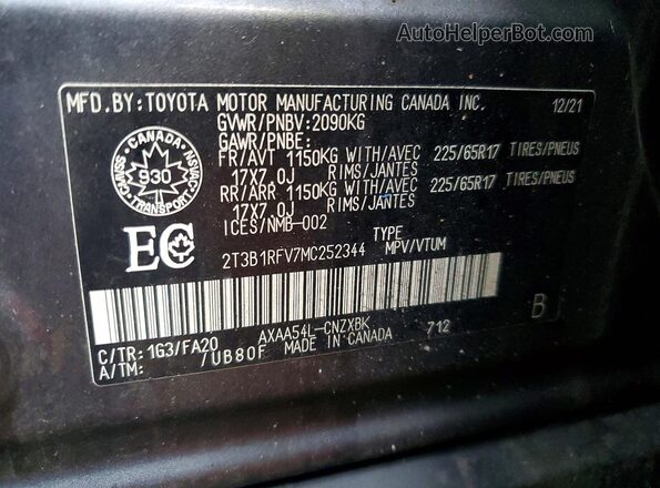 2T3B1RFV7MC252344 2021 TOYOTA RAV4 Gray Widok wnętrza 360 stopni