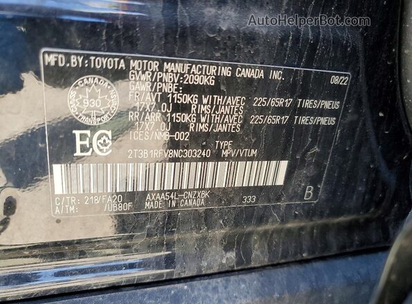 2T3B1RFV8NC303240 2022 TOYOTA RAV4 Black 360 interior view