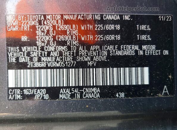 2T3B6RFV0RW051277 2024 TOYOTA RAV4 Gray VIN sticker view