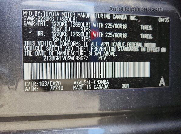 2T3B6RFV0SW089677 2025 TOYOTA RAV4 Charcoal Вид наклейки з VIN-кодом