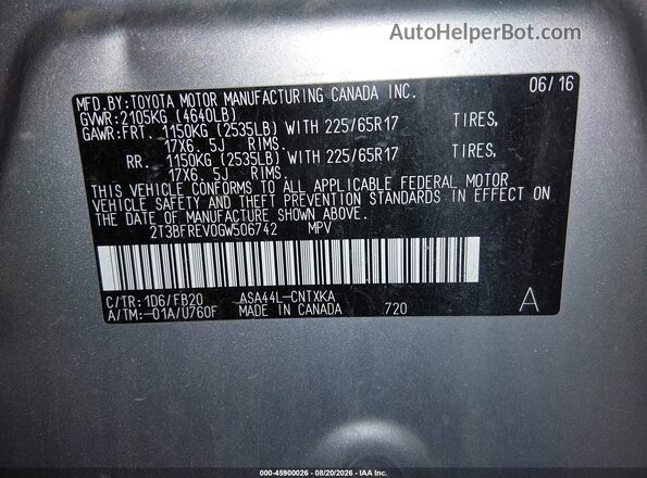 2T3BFREV0GW506742 2016 TOYOTA RAV4 Gray Շարժիչի բաժամունքի տեսք
