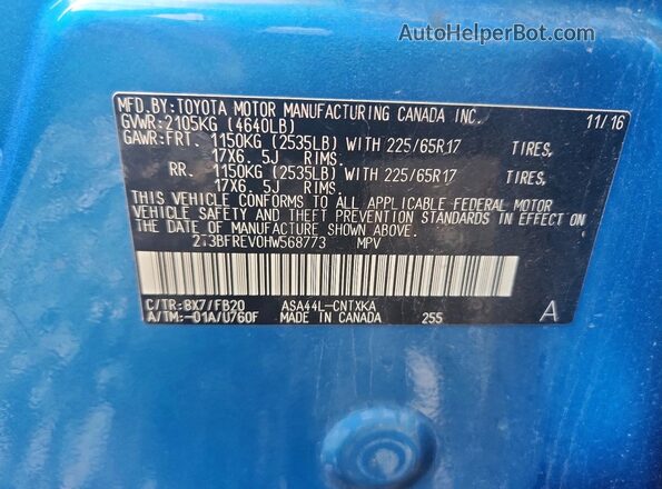 2T3BFREV0HW568773 2017 TOYOTA RAV4 Blue VIN კოდის სტიკერის ხედი