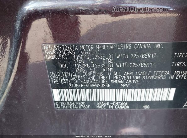 2T3BFREV0HW620256 2017 TOYOTA RAV4 Purple ძრავის განყოფილების ხედი