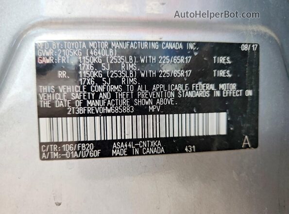 2T3BFREV0HW685883 2017 TOYOTA RAV4 Silver Панорамний вид салону 360°