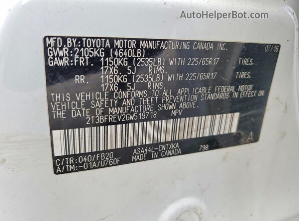 2T3BFREV2GW519718 2016 TOYOTA RAV4 White Vista interior de 360 grados