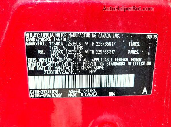 2T3BFREV2JW749914 2018 TOYOTA RAV4 Red VIN sticker view