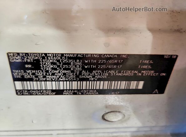 2T3BFREV2JW845543 2018 TOYOTA RAV4 White Панорамний вид салону 360°