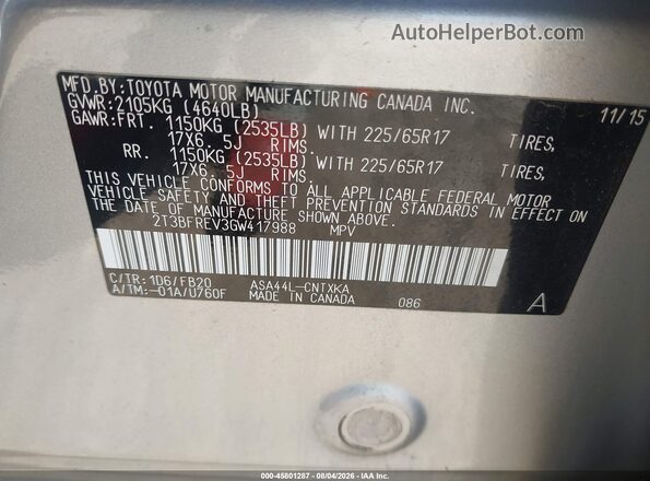 2T3BFREV3GW417988 2016 TOYOTA RAV4 Silver Engine compartment view
