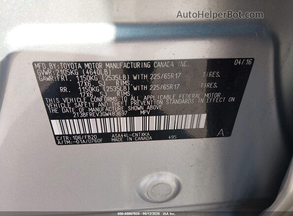 2T3BFREV3GW483697 2016 TOYOTA RAV4 Silver Շարժիչի բաժամունքի տեսք