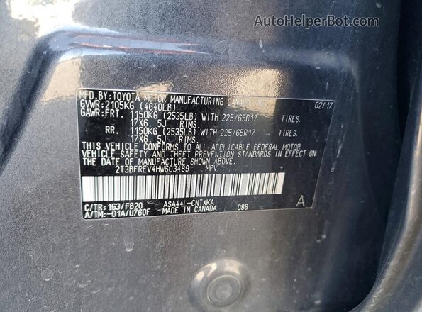 2T3BFREV4HW603489 2017 TOYOTA RAV4 Charcoal VIN კოდის სტიკერის ხედი