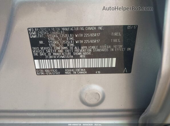 2T3BFREV5HW659294 2017 TOYOTA RAV4 Silver Widok komory silnika