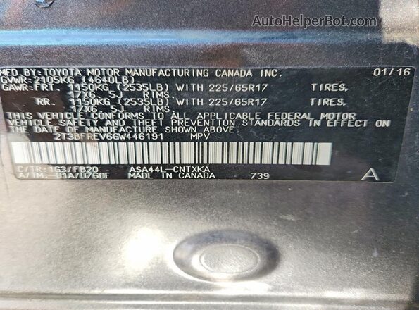 2T3BFREV6GW446191 2016 TOYOTA RAV4 Gray Vista de la etiqueta del VIN