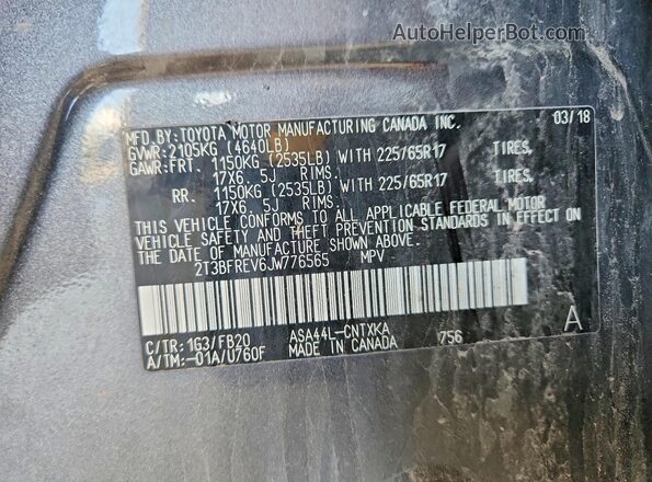 2T3BFREV6JW776565 2018 TOYOTA RAV4 Gray Vista de la etiqueta del VIN