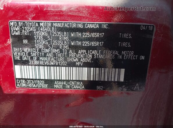 2T3BFREV6JW781202 2018 TOYOTA RAV4 Red Widok komory silnika