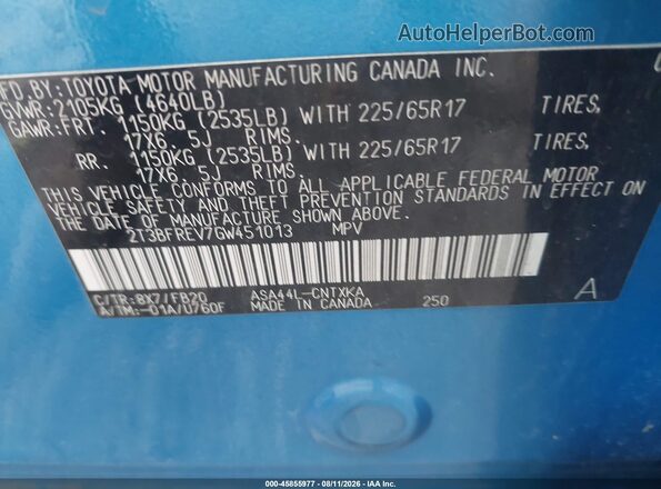 2T3BFREV7GW451013 2016 TOYOTA RAV4 Blue Շարժիչի բաժամունքի տեսք