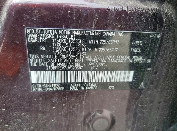 2T3BFREV7JW820587 2018 TOYOTA RAV4 Purple VIN კოდის სტიკერის ხედი