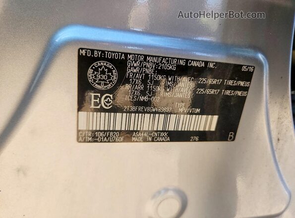 2T3BFREV8GW489897 2016 TOYOTA RAV4 Silver 