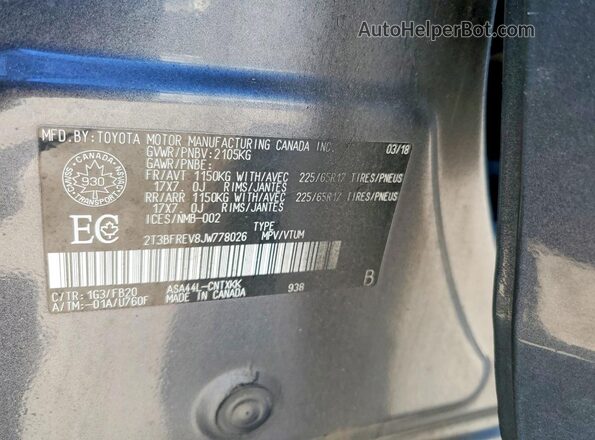 2T3BFREV8JW778026 2018 TOYOTA RAV4 Gray Widok naklejki z numerem VIN