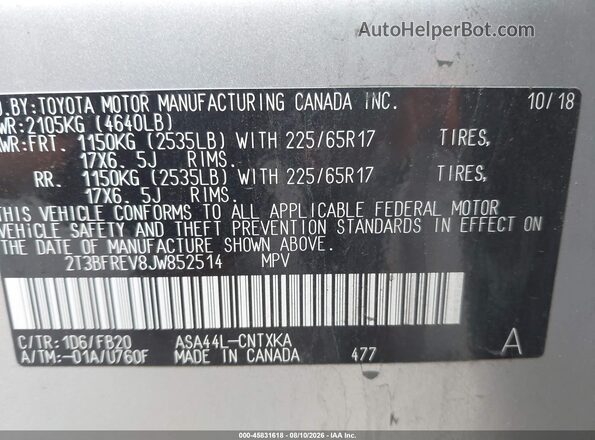 2T3BFREV8JW852514 2018 TOYOTA RAV4 Silver Շարժիչի բաժամունքի տեսք