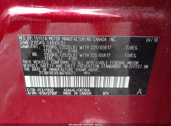 2T3BFREV9JW790671 2018 TOYOTA RAV4 Red ძრავის განყოფილების ხედი