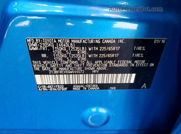 2T3BFREVXGW444072 2016 TOYOTA RAV4 Blue VIN კოდის სტიკერის ხედი