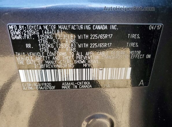 2T3BFREVXHW638165 2017 TOYOTA RAV4 Charcoal Вид підкапотного простору