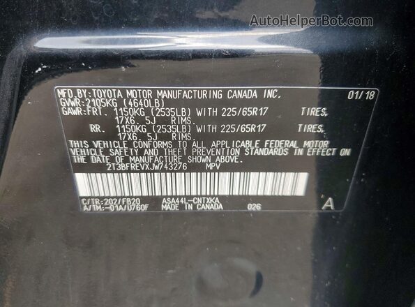 2T3BFREVXJW743276 2018 TOYOTA RAV4 Black VIN կոդի պիտակի տեսք