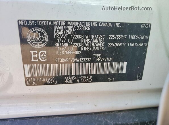 2T3BWRFV8MW123237 2021 TOYOTA RAV4 White VIN կոդի պիտակի տեսք