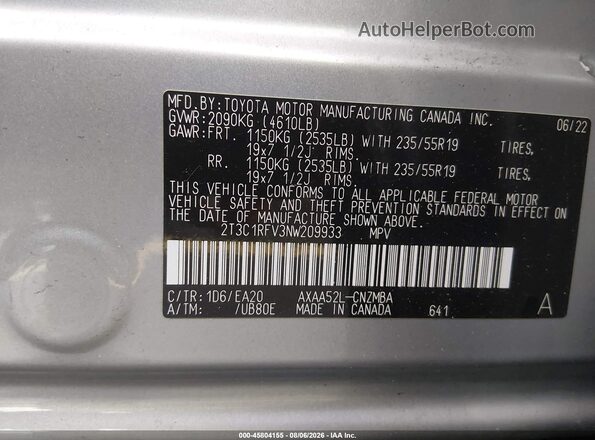 2T3C1RFV3NW209933 2022 TOYOTA RAV4 Gray ძრავის განყოფილების ხედი
