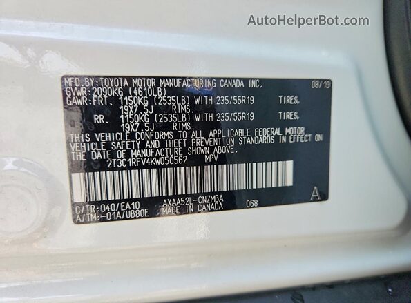 2T3C1RFV4KW050562 2019 TOYOTA RAV4 White VIN sticker view