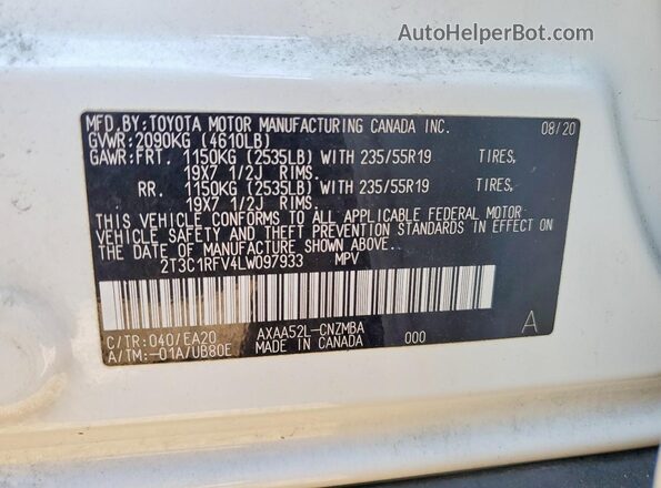 2T3C1RFV4LW097933 2020 TOYOTA RAV4 Белый Вид наклейки с VIN-кодом