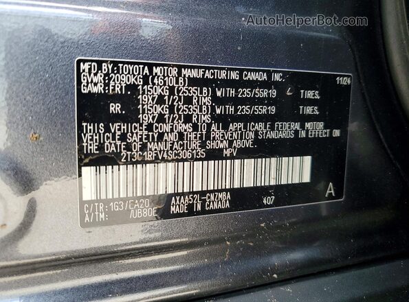 2T3C1RFV4SC306135 2025 TOYOTA RAV4 Gray Widok naklejki z numerem VIN
